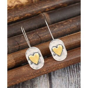 Hammered 2 Tone Silver Heart Drop Earrings Long Hook Vtg Style Pendant Retro